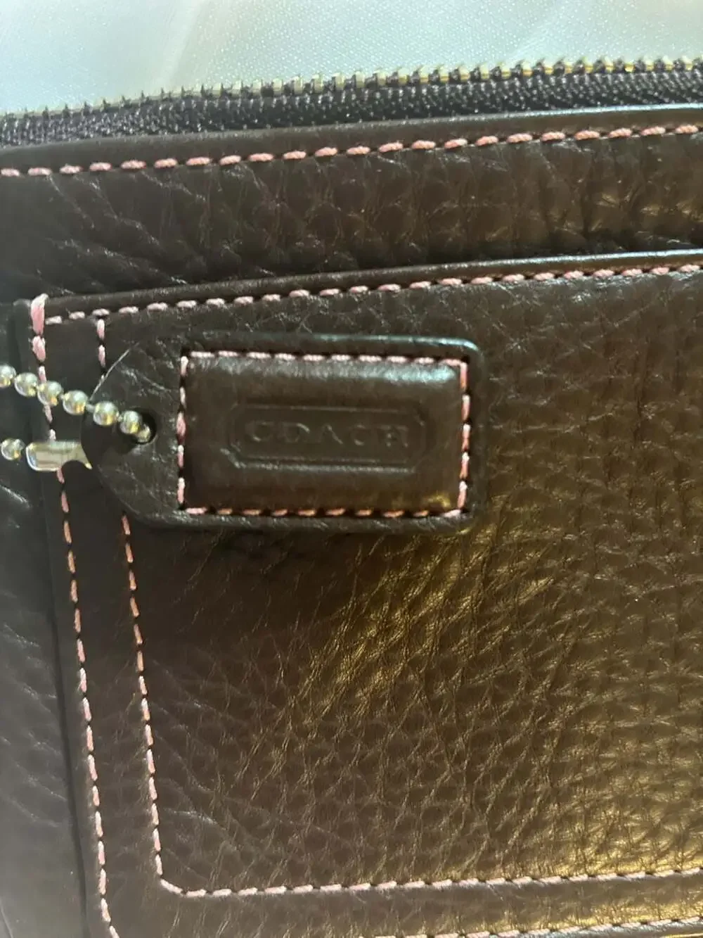 Coach Est. 1941 Brown Pebbled Leather Zip Wristlet with Pink Stitching